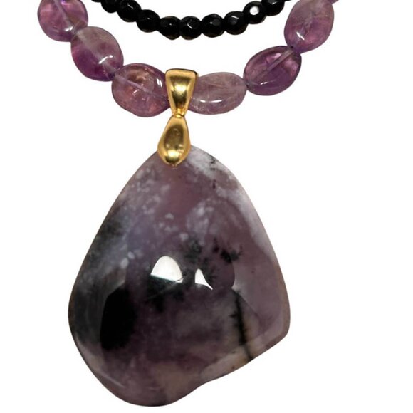 Three Strands Black Onyx, And Amethyst With Amethyst pendant - Picture 3 of 4